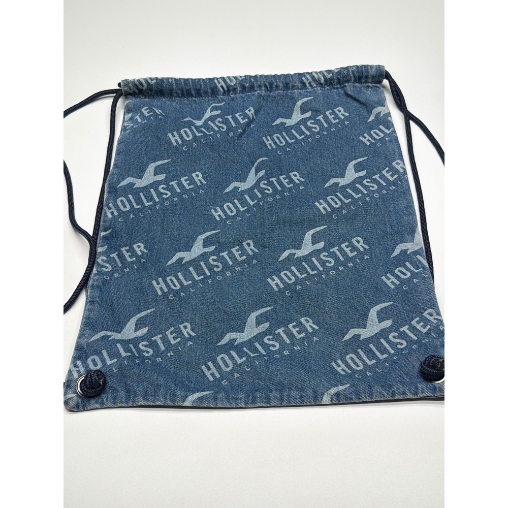 Hollister Denim Drawstring Backpack Blue Logo Print‎ Beach Gym Travel Bag